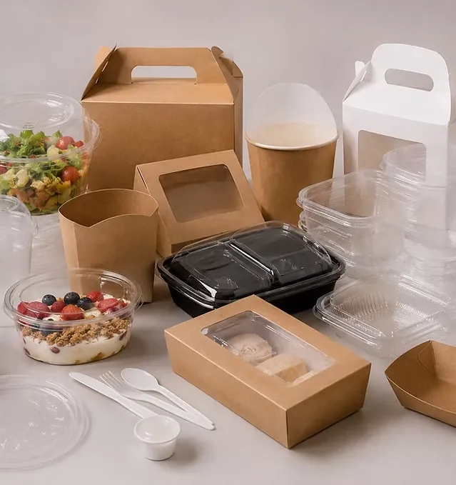 Range of trays, kraft boxes and cups for takeaway service